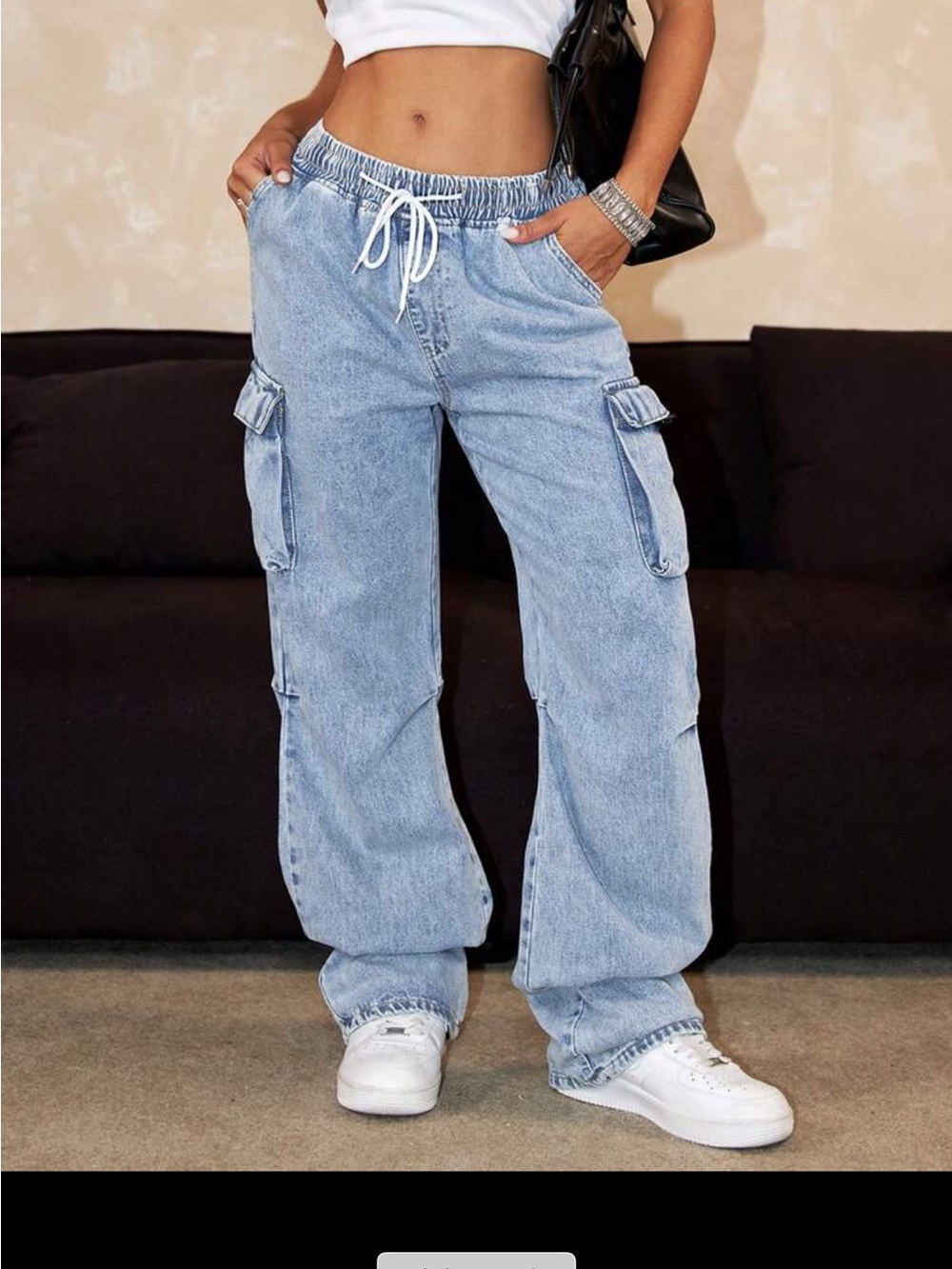 Light Wash Cargo Jeans with Drawstring Waist